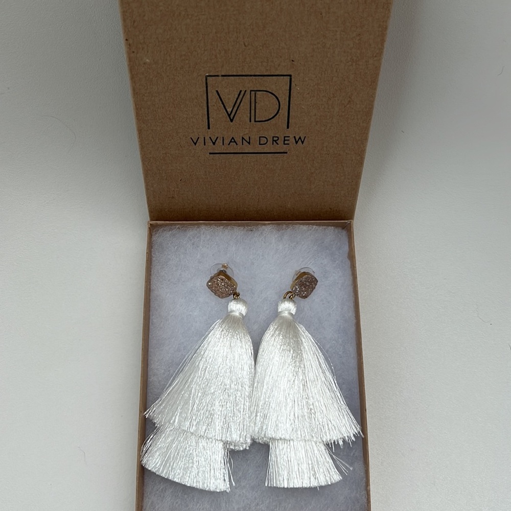 Vivian Drew White Tassle Earrings